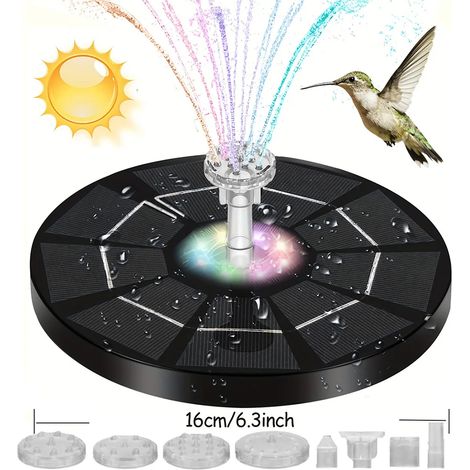 Fontaine solaire colorée (lumières colorées 3W) pour bassin, étang et jardin, décoration extérieure, mini fontaine solaire pour oiseaux (1/5)