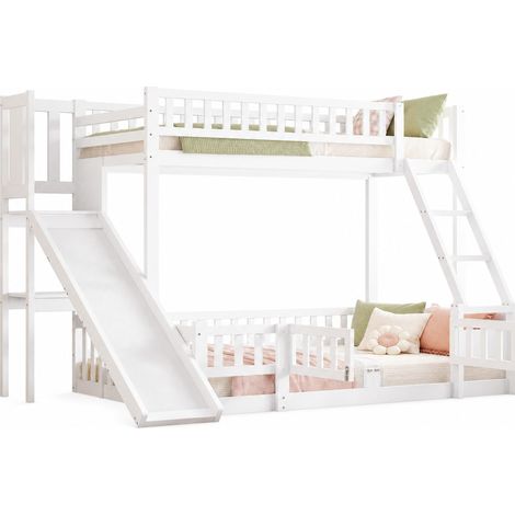 Letto a castello con scivolo, scala, ripiani e protezioni, in pino e MDF, 140 x 200 cm, bianco, certificato EN747 per bambini, senza materasso CHICFURN (1/5)