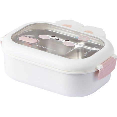 Edelstahl-Lunchbox für Kinder mit Fächern und niedlichem Hasenmotiv, ideal für Kinder, Schüler, Schule, Camping und Picknicks – Weiß (1/5)