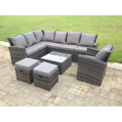 Fimous 9 Seater High Back Rattan Garden Furniture Set Corner Sofa With Square Coffee Table Footstool With Chair (1/3)