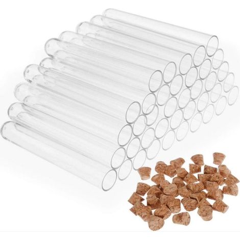 100 tubes à essai en plastique transparent avec bouchon en liège, 75 x 12 mm, 5 ml, pour le stockage de perles de rocaille, de pou (1/2)