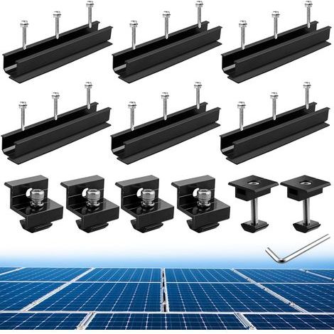 Kit de montaje para paneles solares: 6 rieles cortos de aluminio con 4 abrazaderas en Z y 2 abrazaderas centrales, soportes en T para módulos de 30 mm/35 mm (rieles cortos de 200 mm). (1/5)