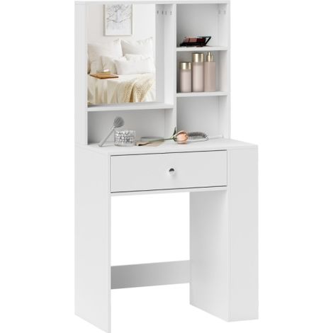 Coiffeuse avec miroir, tiroirs et étagères latérales à trois niveaux  structure en panneaux de particules  couleur blanche. (1/4)