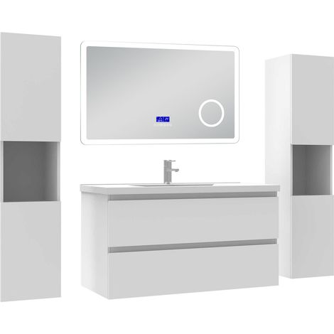Ocean ensemble meuble 100 cm blanc avec 2 tiroirs à fermeture automatique, lavabo céramique + miroir salle de bain Bluetooth tricolore + 2 colonnes hautes, suspendu (1/5)