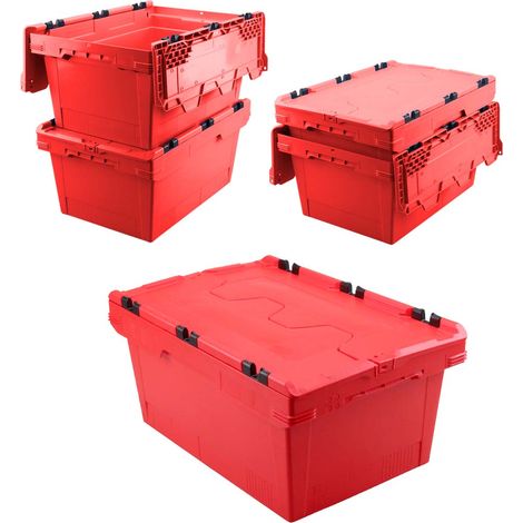 BRB Lot de 5 boîtes réutilisables avec couvercle à charnière, rouges, scellables, L x l x H 600 x 400 x 200 mm, 29 l