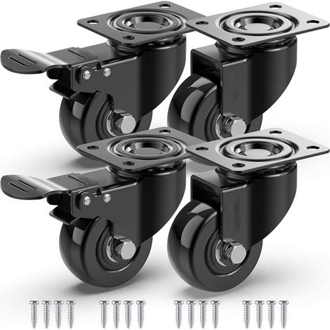 VURAHOME - 4 roulettes pivotantes pour meubles dont 2 avec frein + vis - Roue sans rail pour sol robuste - Roue de chariot en caoutchouc - Noir (1/5)