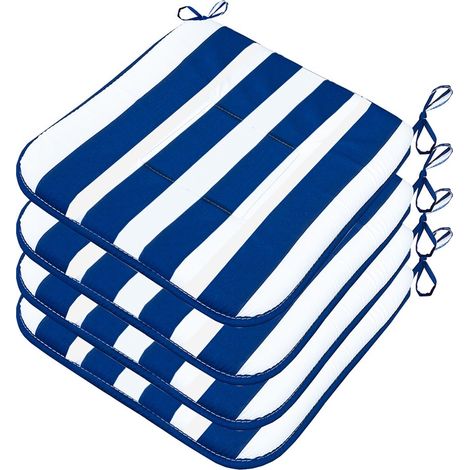 Lot De 4 Coussins Pour Chaise Cuisine Coton Doux Lavables Universelles Matelassé Rayures - Bleu