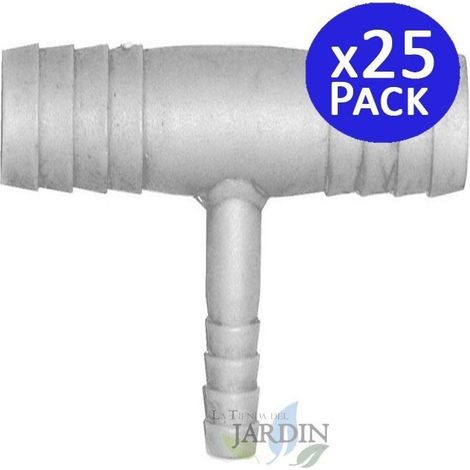 Pack 25 Té reducida 10 mm a 7 mm para tubería flexible ideal para conexiones en sistemas de riego y agua