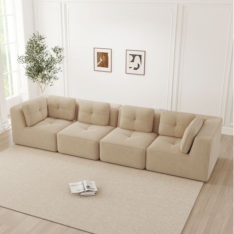 REDOM - Divano angolare modulare a 4 posti, non richiede montaggio, seduta profonda, cuscini morbidi, velluto a coste beige (1/5)