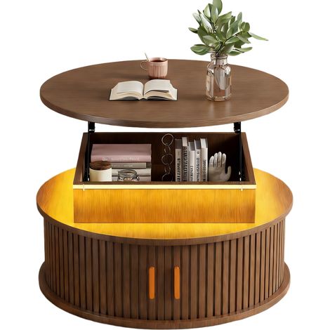 Table basse ronde relevable 75 cm avec LED, rangement caché et portes roulantes, plateau en bois foncé, hauteur jusqu’à 52 cm - CHICFURN (1/5)