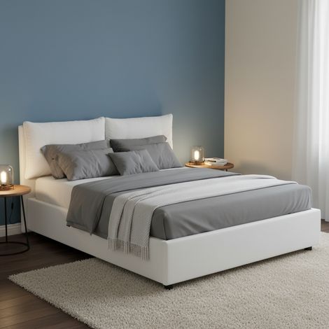 Dmora - Cama de plaza y media Dlanz, Cama contenedor con tapizado en ecopiel, 100% Made in Italy, Apertura frontal, adecuado para colchón Cm 120x190, Blanco (1/4)