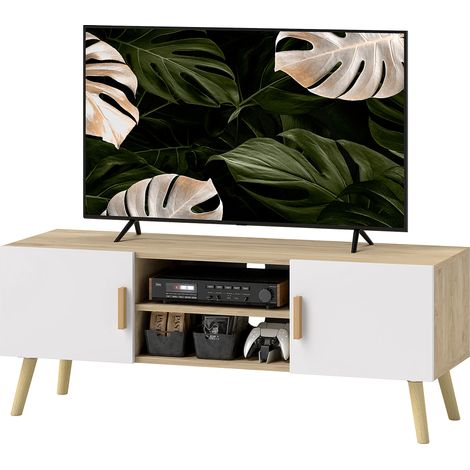 Mobile/panca porta TV in legno per televisori fino a 50 pollici con ripiani, 2 armadietti e sistema di gestione dei cavi, rovere