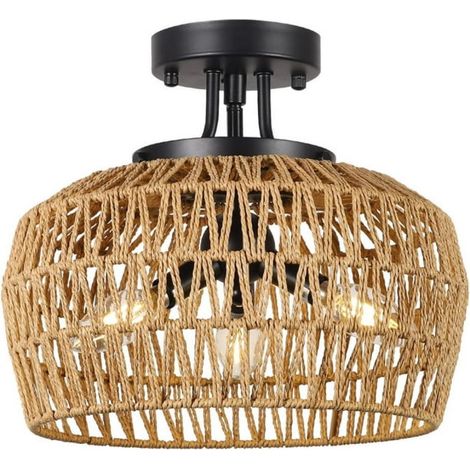 Plafonnier en rotin tressé avec abat-jour en osier fait main, lustre bohème à 3 lumières, éclairage d'appoint idéal pour chambre, couloir, salon ou cuisine. (1/5)