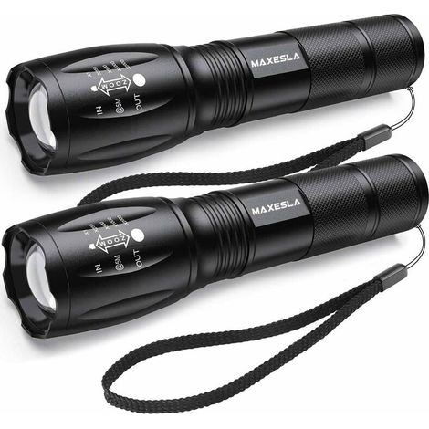 Lampe Torche LED Ultra Puissante, 2000 Lumens Lampe de Poche, IP65 Étanche Lampe Tactique, Zoomable, 5 Modes D'éclairage, Antichoc Anti-dérapant pour Camping Randonnée Urgence, Lot de 2 [Classe énergé (1/5)
