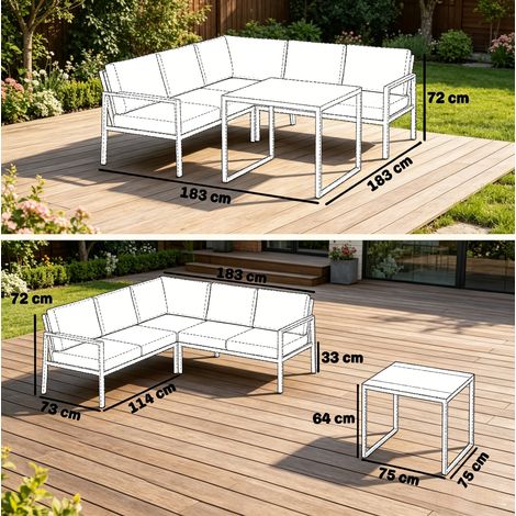Ensemble de salon d'extérieur contemporain en L pour 5 personnes avec structure métallique et table basse verre effet bois (1/5)