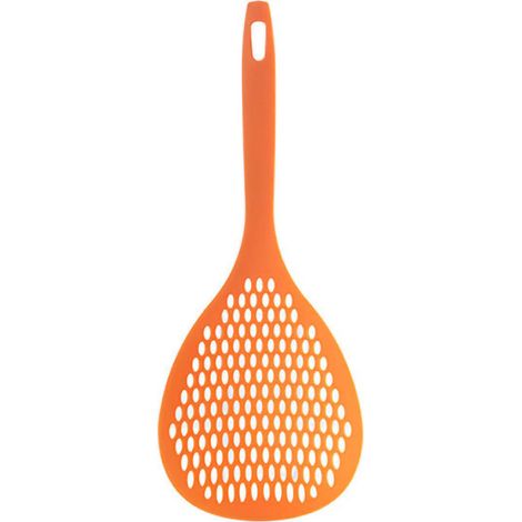 Schiumarola resistente alle alte temperature, con lungo manico antiscivolo, utilizzabile come colino per olio e alimenti, utensile da cucina di colore arancione.