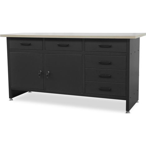 Werkbank mit Arbeitsplatte Werktisch mit 6 Schubladen 2 Schließfächer Verstellbare Füße MDF-Arbeitsplatte Belastbar bis 500 kg Metall 170 cm x 60 cm x 85 cm Schwarz (1/5)