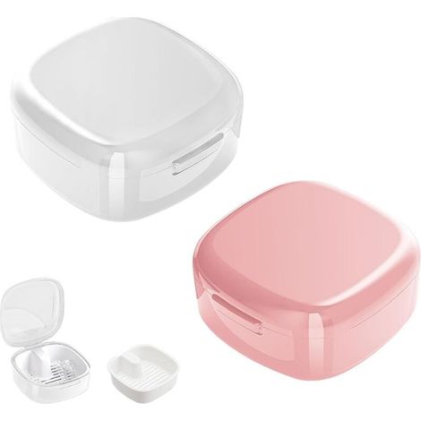 Lot de 2 Portable Boite Appareil Dentaire,Boîtes pour Prothèses Dentaires,Boîte de Retenue Orthodontique,Boîte de Nettoyage de Retenue,Boîte de Nettoyage,blanc+rose