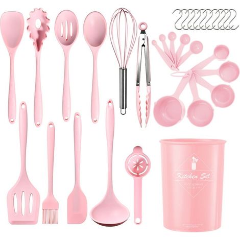 Küchenhelfer aus Silikon – 32-teilig – Hitzebeständig bis 230 °C – Geeignet für beschichtete Pfannen – Rosa (1/5)