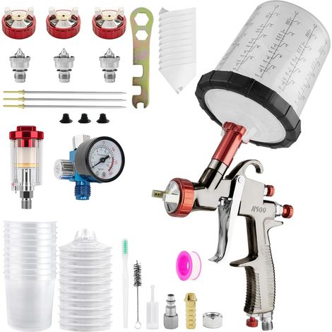 R500 LVLP Kit de pistolet à air comprimé avec 10 gobelets jetables de 650 ml, pulvérisateur de peinture de voiture avec buses de 1,3/1,7/2,0 mm et régulateur d'air, pistolet à peinture automobile pour (1/5)