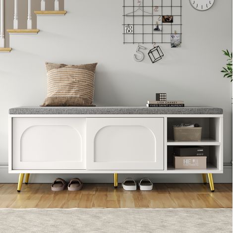 Banco zapatero con almacenamiento, asiento acolchado, blanco, 121 x 35 x 49 cm HAVRYA (1/5)