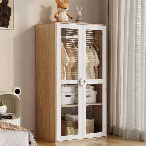 Armoire enfant 80x50x150 cm blanc/bois naturel - 2 portes vitrées avec étagères - Poignées bois en forme de biscuit (1/5)