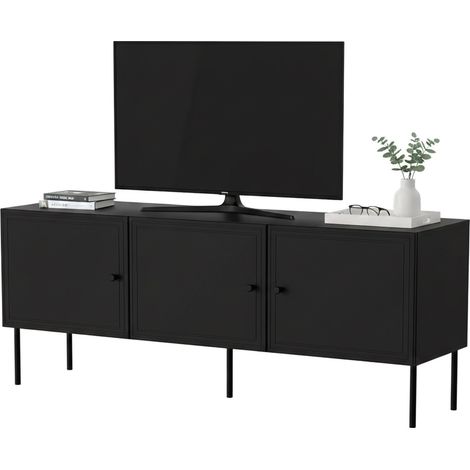 Mueble de TV Sarzana, aparador de salón con tres puertas batientes, elevado del suelo, 151x40 h60 cm, negro