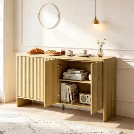 Buffet bas 147x40x77 cm en MDF naturel, avec rangement, pour salon contemporain FloraGrace (1/5)