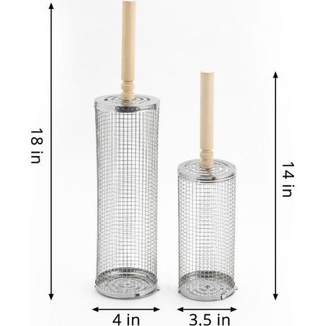 Panier à griller à roulettes - Le meilleur panier à griller qui soit, grille ronde en acier inoxydable - Superbe ensemble avec petite sangle et poignée en bois