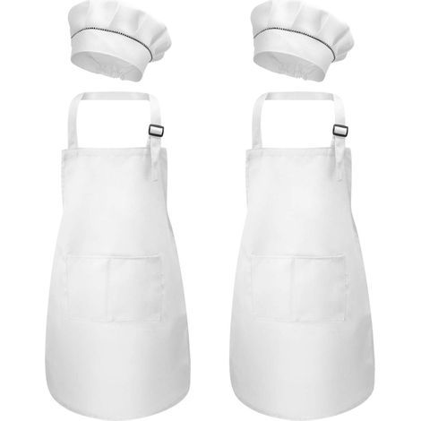 4 Pièces Blanc Tablier Enfant et Chapeau de Chef Set, Bambin Tabliers avec Poches pour Garçons Filles, Tablier de Cuisine Jardin, Tabliers de Chef Cuisson Pour Peinture L'artisanat (M pour 3-6 Ans) (1/5)