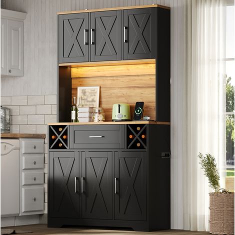 Buffet de cuisine 105x40x180 cm avec LED RGB, prises USB, range-bouteilles amovibles, MDF et naturel - noir (1/5)