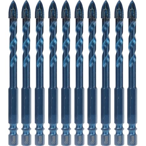 Lot de 10 forets à pointe cruciforme en carbure avec queue hexagonale de 6,35 mm (1/4 po) pour céramique, marbre et verre. Bleu foncé. Trou de 8 mm. (1/5)