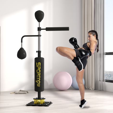 Support de boxe, deux speedballs, barre de frappe rotative, coussins de frappe, hauteur réglable, acier, 107 x 36 x 140-205 cm, noir (1/5)