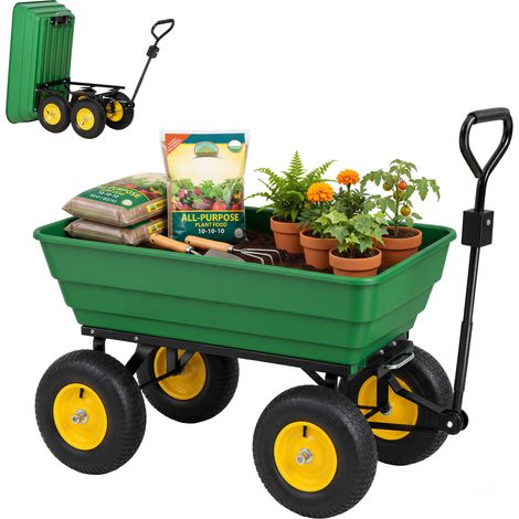 Chariot de Jardin à Main Benne basculante 75° 125L Charge Max. 200 Kg 4 Roues pneumatiques Acier PP Jaune Vert (1/5)