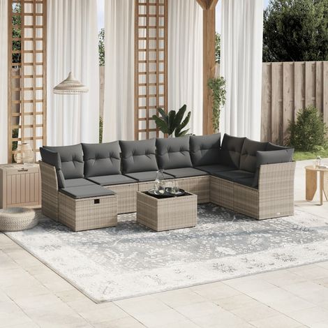 Set muebles jardín 9 pzas y cojines ratán sintético gris claro vidaXL (1/4)