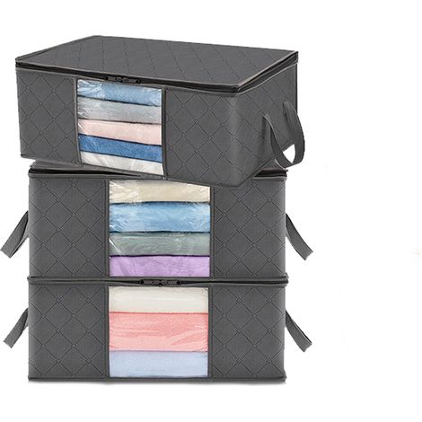 Lot de 3 sacs de rangement pour vêtements de 35 L, pliables sous le lit boite rangement, housse de rangement pour couette sac de rangement sous vide, tissu robuste, fenêtre transparente, convient pour
