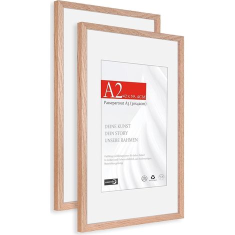 2er Set Bilderrahmen A2 (42x59,4cm) Naturholz Eiche mit Passepartout A3 (1/5)