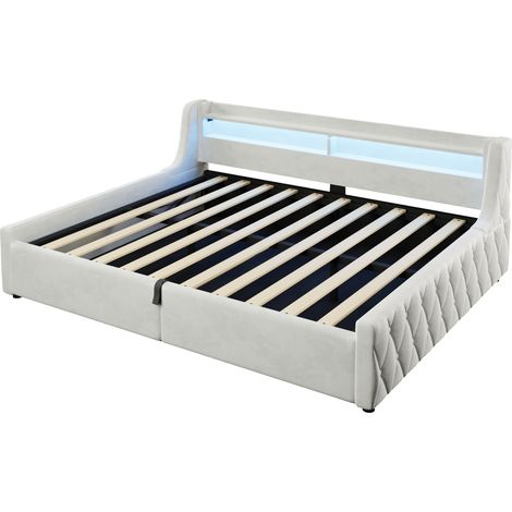 Cama plataforma 140x200 cm de terciopelo beige con almacenamiento hidráulico y LED (1/5)