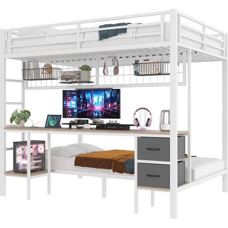 Lit mezzanine métal/MDF blanc 140x200 cm avec bureau, rangements, LED 7 couleurs et USB, sans matelas (1/5)