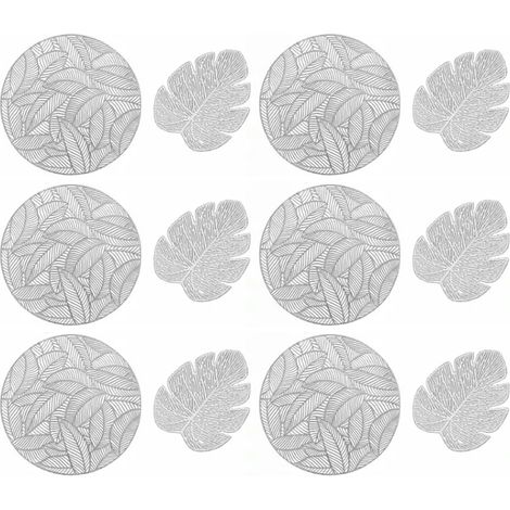 Set de 6 Dessous de Plat Ronds Isolants et 6 Dessous de Verre en Forme de Feuille Argenté pour Table (1/5)