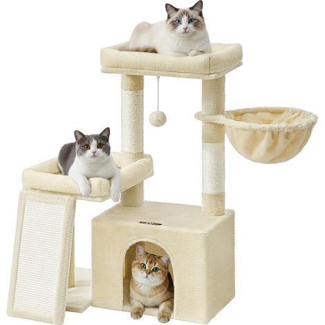 Arbre à Chat, Tour pour Chat avec Poteaux à Griffer et Rampe, 2 Grandes Plateformes, Niche, Panier, 85,8 cm de Haut, Beige Sable PCT013LF01 (1/5)