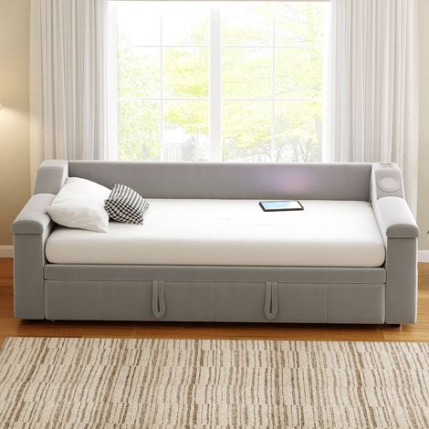 Lit banquette canapé 90x190 cm extensible 180x190 cm en velours gris, lit rembourré avec sommier à lattes, Bluetooth, USB, rangements intégrés, sans matelas (1/5)
