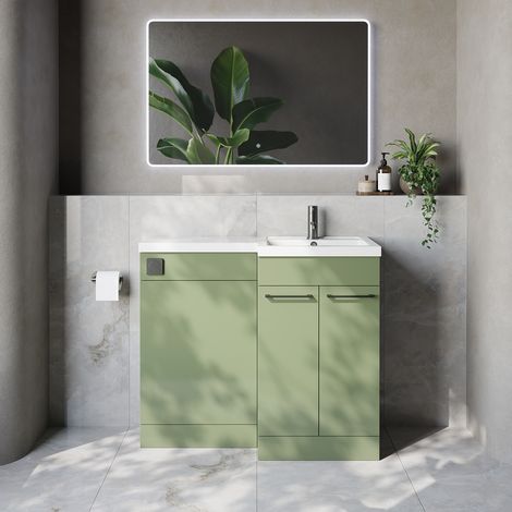Napoli 390 Olive Green 1000mm 2 Door Vanity Unit Toilet Suite with Right Hand Square Lucia Basin - 1000mm - Gunmetal Grey 160mm HandleWithout Kingston Toilet Pan
