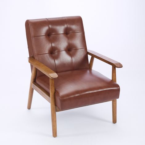 Poltrona in Pelle con Braccioli in Legno, Schienale con Cuciture Tirate, Struttura in Legno, Marrone (1/5)