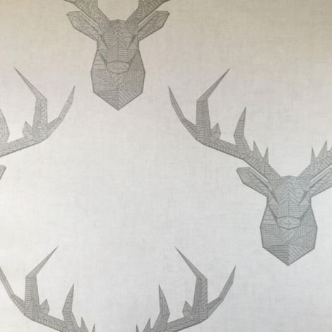 Geometric Stag Glittery Wallpaper In Blue Grey And Beige Smooth Finish (1/3)