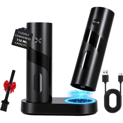 Ensemble moulin à sel et à poivre électrique avec station de charge, capacité 110 ml, moulin à sel rechargeable avec 5 réglages, broyeur en céramique avec brosse (1/5)