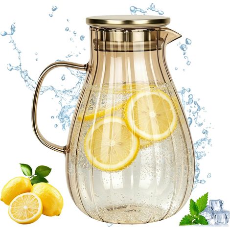 1,8-Liter-Glaskaraffe mit Deckel, Wasserkaraffe aus Borosilikatglas mit Edelstahlfilter, hitzebeständig für heiße und kalte Getränke, Eistee, Wein und Kaffee (1/5)