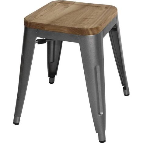 Tabourets bistro bas en acier gris métal avec assise en bois (lot de 4) - BOLERO