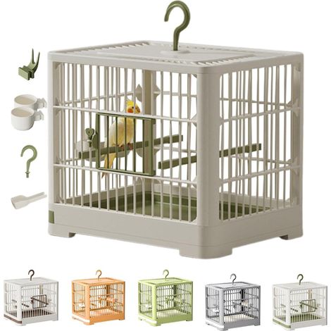 Cage de transport pour petits oiseaux portable et légère avec mât pour perroquets, perruches, calopsittes, inséparables, plateau amovible et poignée à crochet (blanc avec vert) (1/5)
