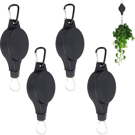 Set mit 4 schwarzen, einziehbaren Rollen zum Aufhängen von Zimmer- und Gartenpflanzen, Blumentöpfen, Gartenampeln und Vogelfutterhäusern – Schwarz (1/4)